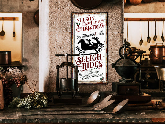 Sleigh Rides Christmas Sign | Large Christmas Sign | Family Name Sleigh Rides | Personalized Christmas Sign | Rustic Christmas Sign