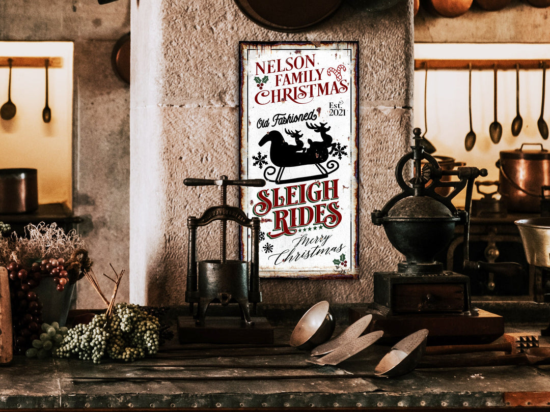 Sleigh Rides Christmas Sign | Large Christmas Sign | Family Name Sleigh Rides | Personalized Christmas Sign | Rustic Christmas Sign