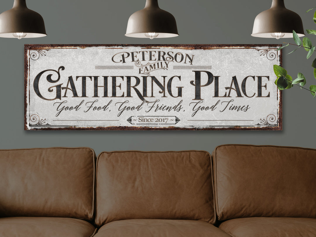 The Gathering Place Custom Last Name Sign, Personalized Established Date Signs, Living Room Home Decor, Housewarming Gifts
