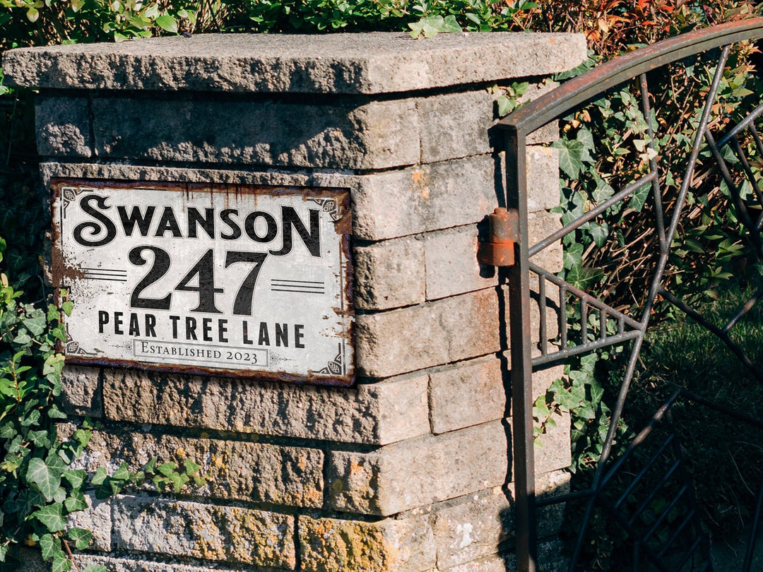 Personalized Family Home Address Sign customized with the family name, home address and established year.