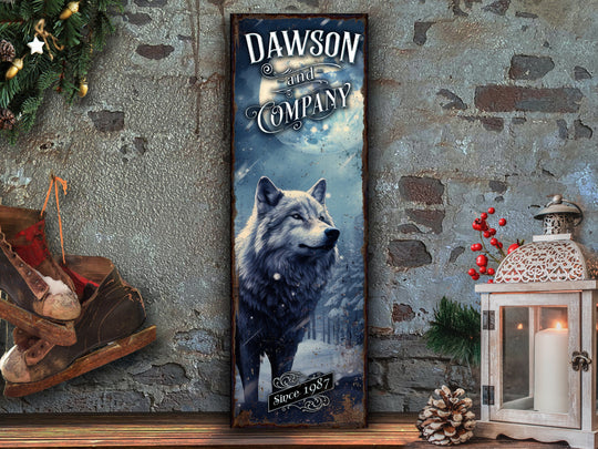 Winter Wolf Sign | Snowy Mountain Wolf Sign | Personalized Winter Sign | Custom Name Sign | Custom Porch Sign | Vertical Farmhouse Sign