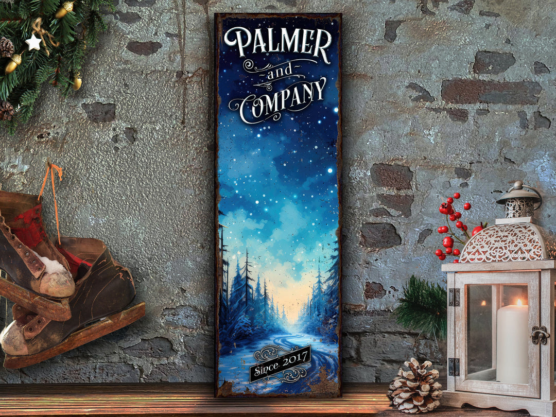 Snowy Pine Tree Road Sign | Snowy Road Sign | Personalized Winter Sign | Custom Name Sign | Custom Porch Sign | Vertical Farmhouse Sign