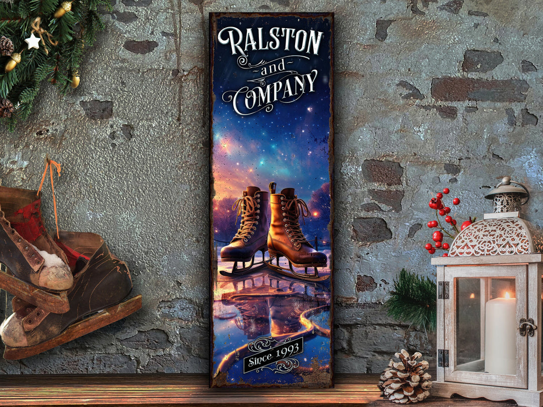 Vintage Ice Skate Sign | Winter Ice Skating Sign | Winter Ice Skate Sign | Custom Name Sign | Custom Porch Sign | Vertical Farmhouse Sign