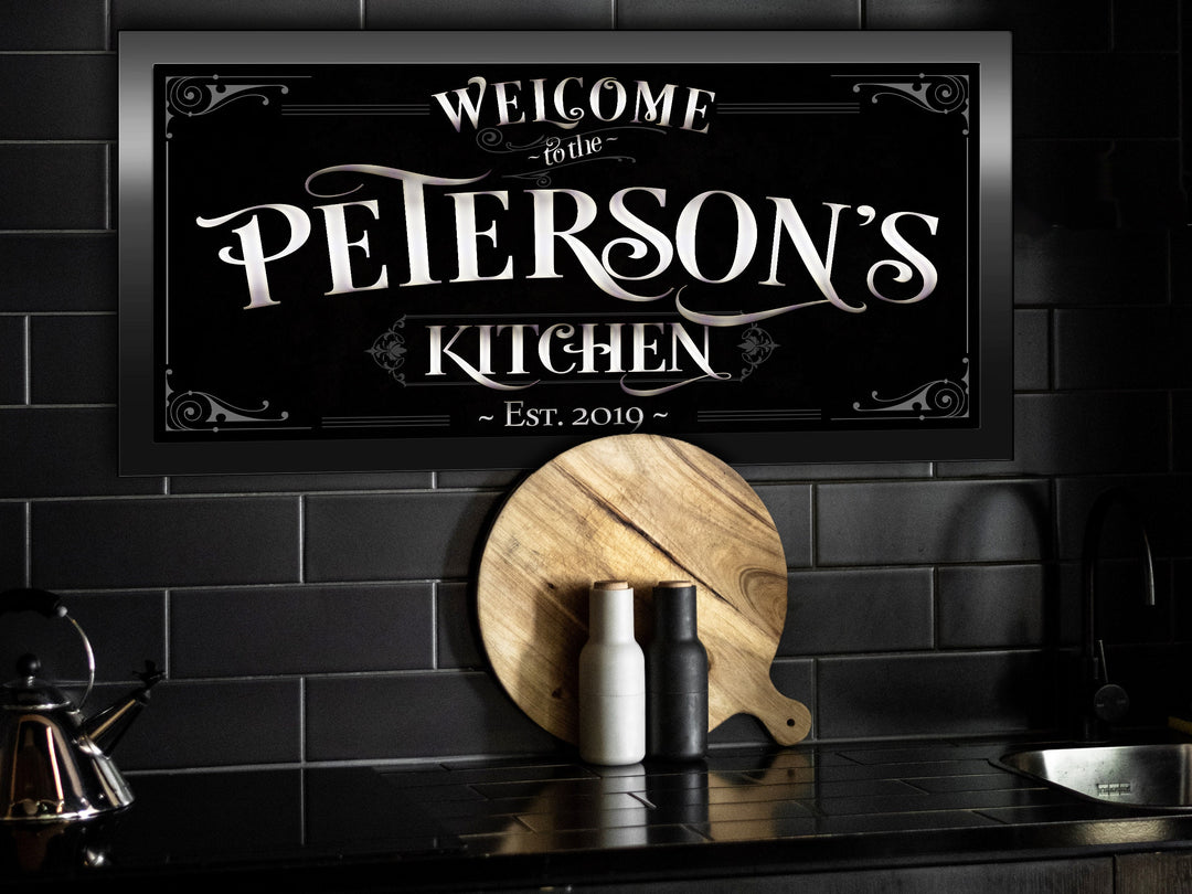 Black, Gray & White Kitchen Sign | Last Name Kitchen Sign | Black Kitchen Decor | White Kitchen Decor | Farm Wall Decor | Metal Kitchen Sign