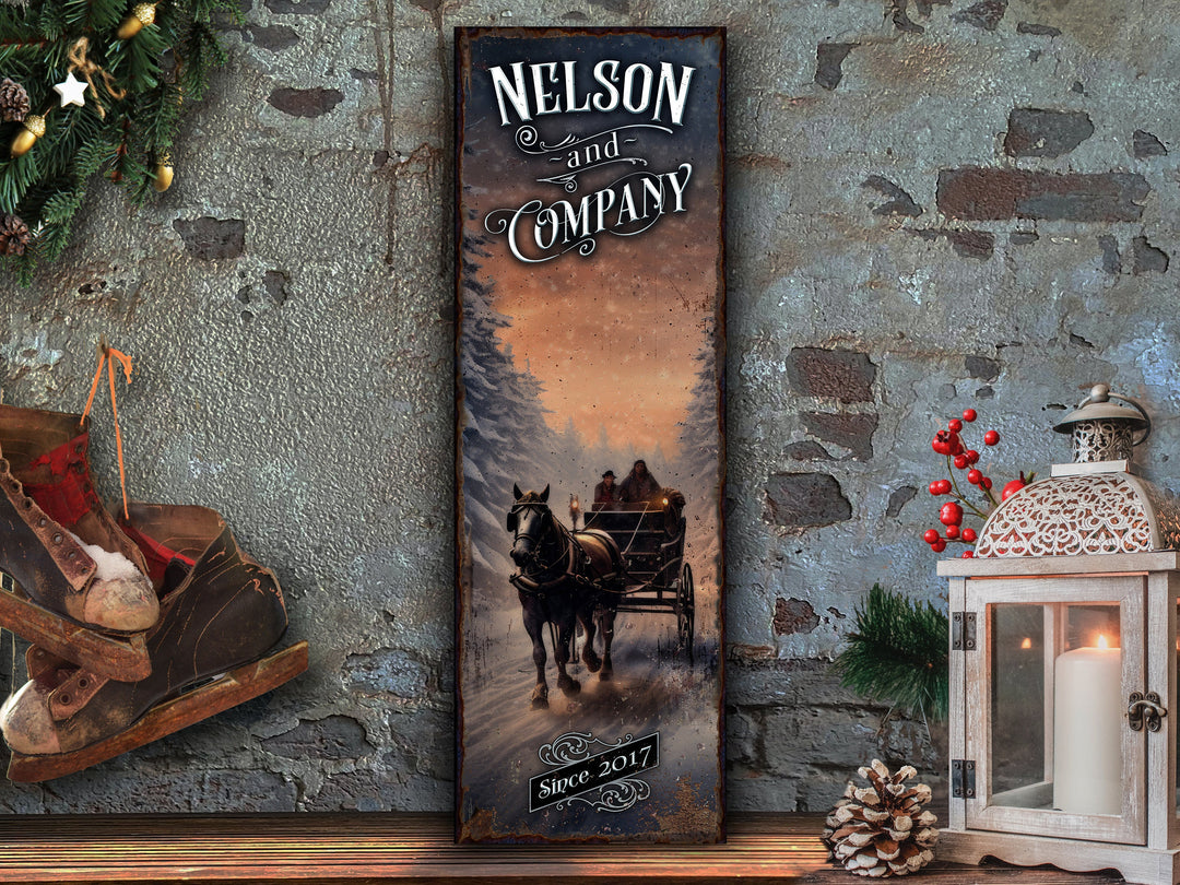 Custom Winter Sign | Snowy Horse Carriage Sign | Personalized Winter Sign | Custom Name Sign | Custom Porch Sign | Vertical Farmhouse Sign