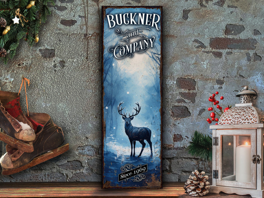 Winter Buck Deer Sign | Snowy Elk Deer Sign | Personalized Winter Sign | Custom Name Sign | Custom Porch Sign | Vertical Farmhouse Sign