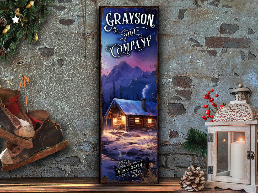Snowy Mountain Cabin Sign | Snowy Homestead | Personalized Winter Sign | Custom Name Sign | Custom Porch Sign | Vertical Farmhouse Sign