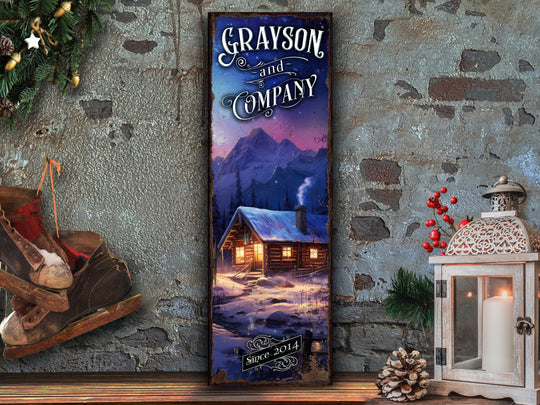Snowy Mountain Cabin Sign | Snowy Homestead | Personalized Winter Sign | Custom Name Sign | Custom Porch Sign | Vertical Farmhouse Sign