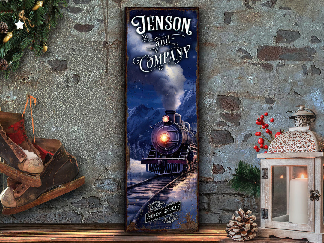 Snowy Mountain Train Sign | Snowy Steam Engine | Personalized Winter Sign | Custom Name Sign | Custom Porch Sign | Vertical Farmhouse Sign
