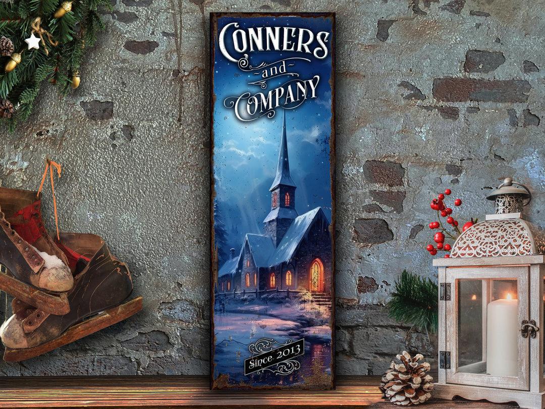 Snowy Vintage Church Sign | Winter Church Sign | Personalized Winter Sign | Custom Name Sign | Custom Porch Sign | Vertical Farmhouse Sign