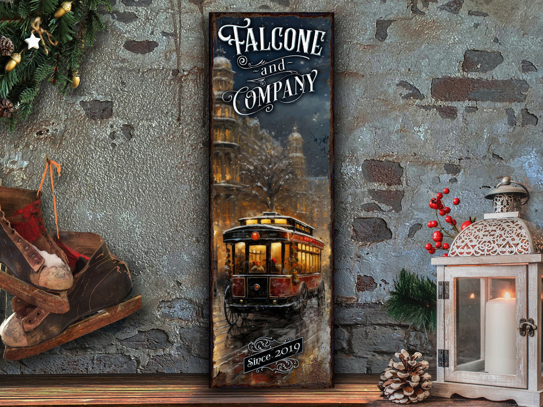 Vintage Streetcar Sign | Winter Streetcar Sign | WInter City Sign | Custom Name Sign | Custom Porch Sign | Vertical Farmhouse Sign