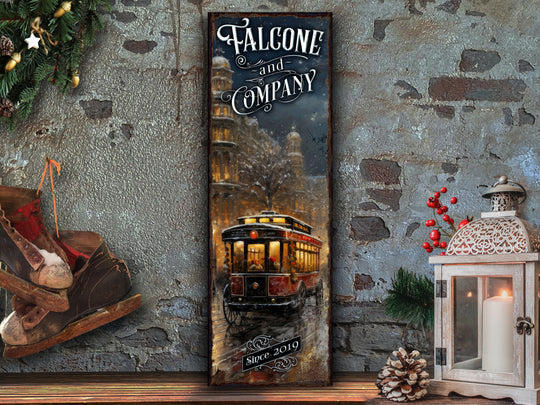 Vintage Streetcar Sign | Winter Streetcar Sign | WInter City Sign | Custom Name Sign | Custom Porch Sign | Vertical Farmhouse Sign