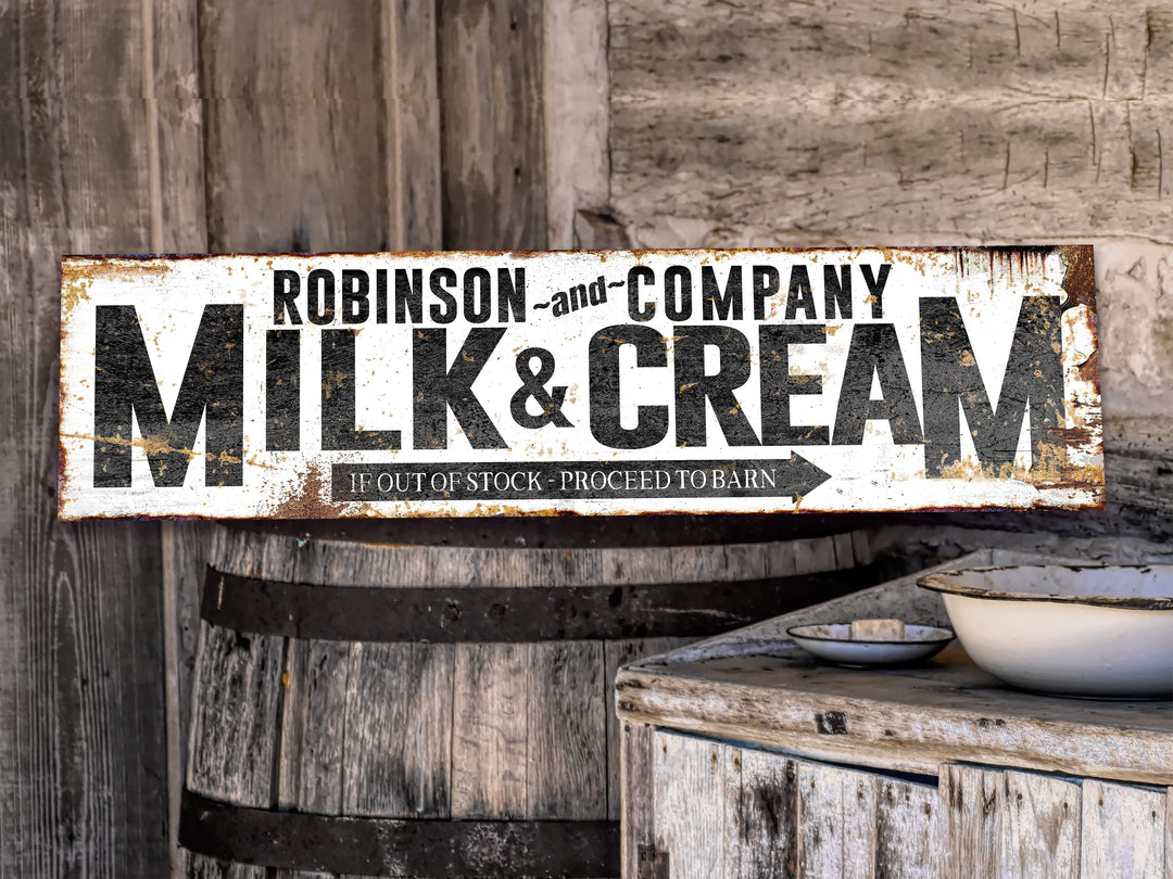 Milk & Cream Farmhouse Sign with Custom Family Name | Family Name Company sign on Large Canvas or Large Metal | Rust Fresh Milk Cream Sign