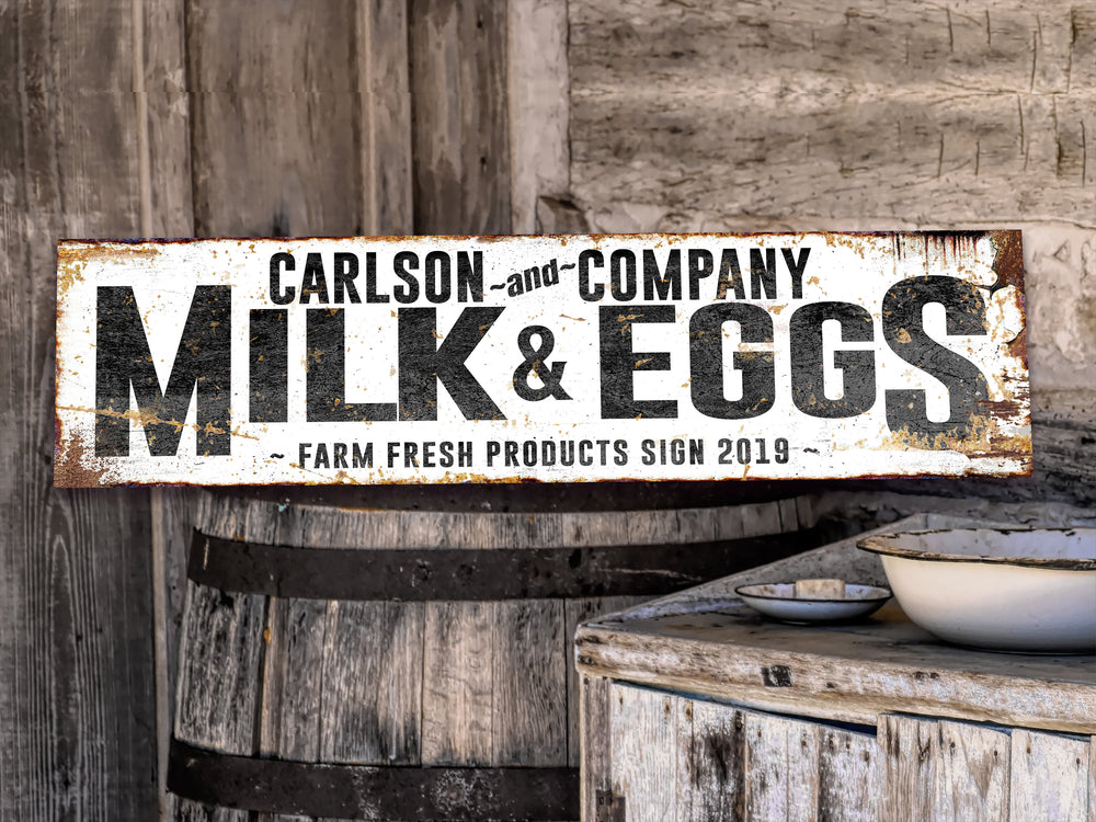 Milk and Eggs Farm Sign with Custom Family Name | Family Name Company sign on Large Canvas or Large Metal | Rusty Farm Milk & Eggs Sign