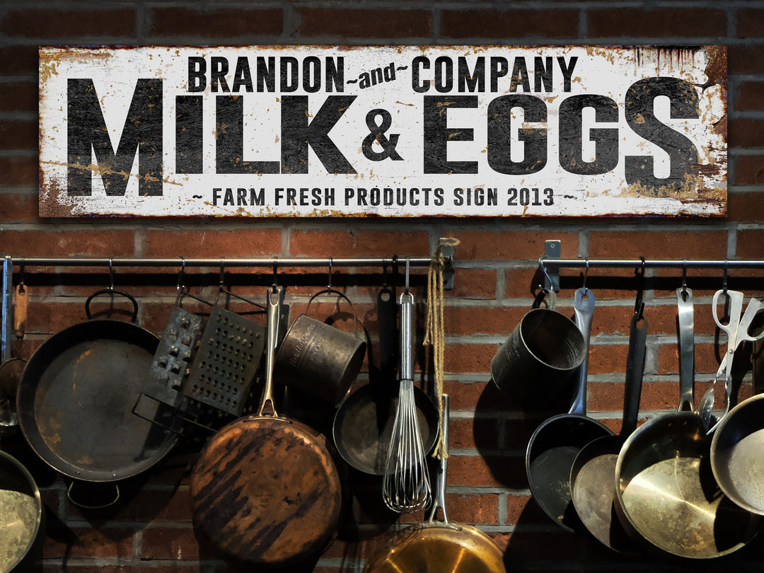 Milk and Eggs Farm Sign with Custom Family Name | Family Name Company sign on Large Canvas or Large Metal | Rusty Farm Milk & Eggs Sign