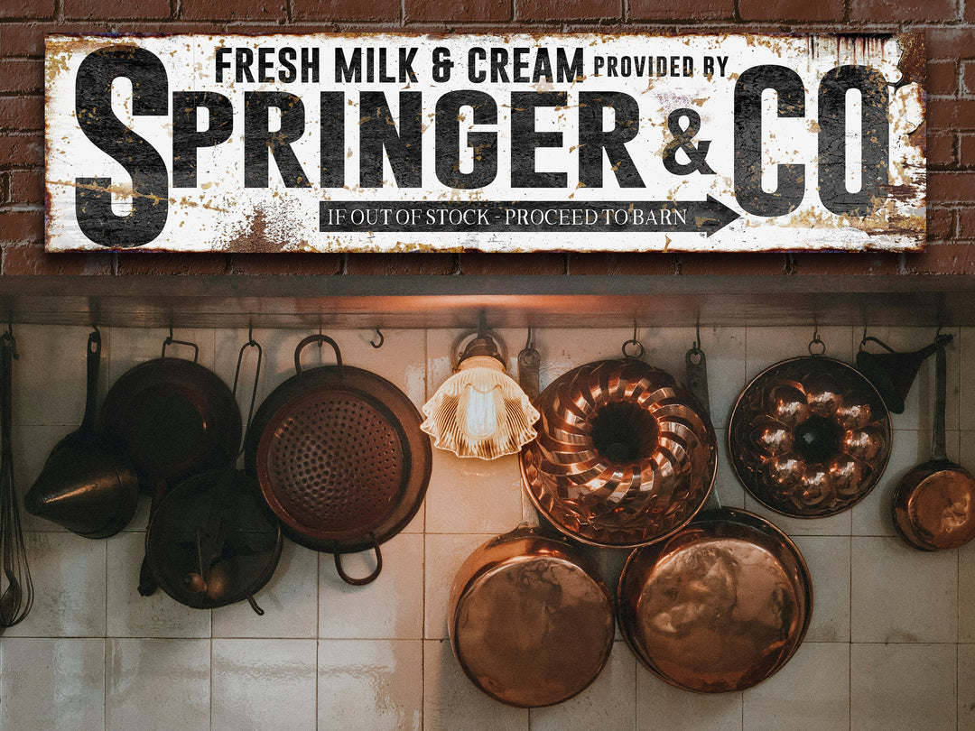 Milk & Cream Farmhouse Sign with Custom Family Name | Fresh Milk Family Company sign on Canvas or Metal | Vintage Dairy Wall Art Sign