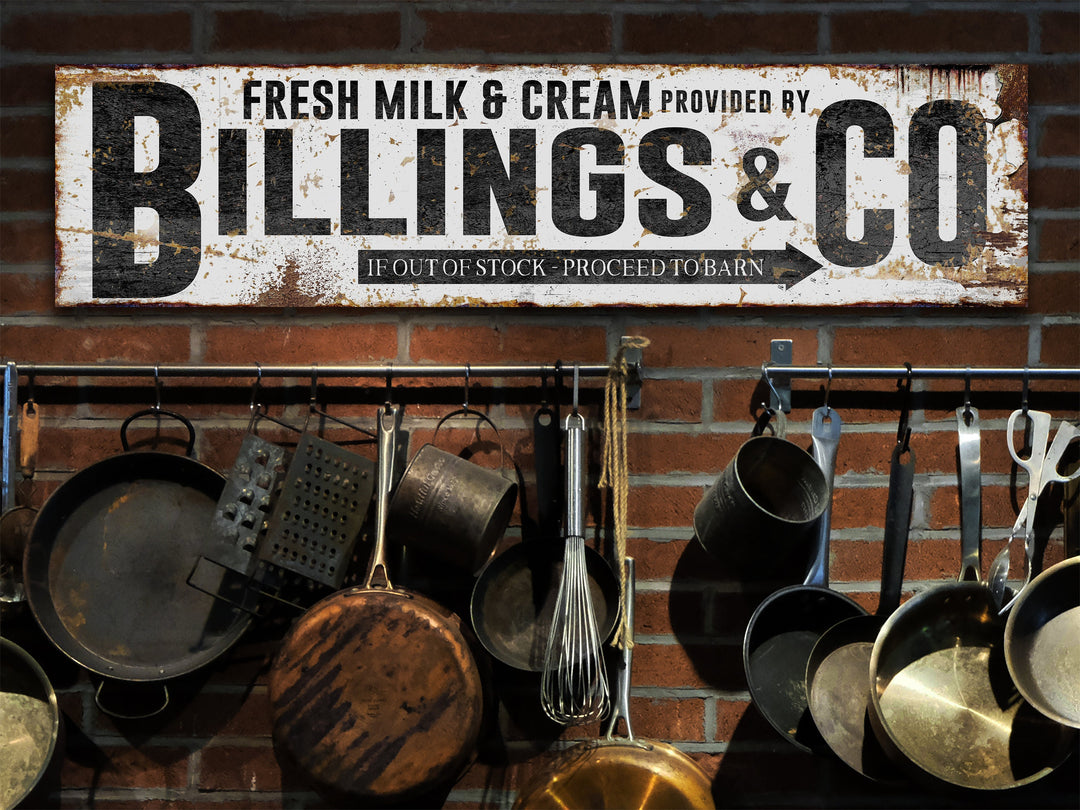 Milk & Cream Farmhouse Sign with Custom Family Name | Fresh Milk Family Company sign on Canvas or Metal | Vintage Dairy Wall Art Sign