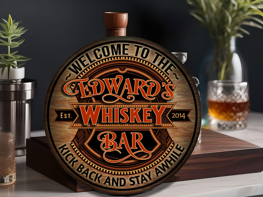 Personalized Whiskey Bar Sign | Round Metal | Man Cave Wall Décor | Personalized Speakeasy | Home Bar Accessories | Custom Bar Sign Gift