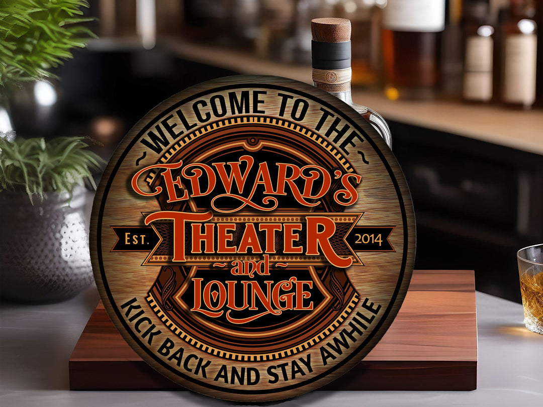 Personalized Theater Lounge Sign | Round Bar Signs | Theater Décor | Personalized Theater | Home Bar Accessories | Custom Bar Sign Gift