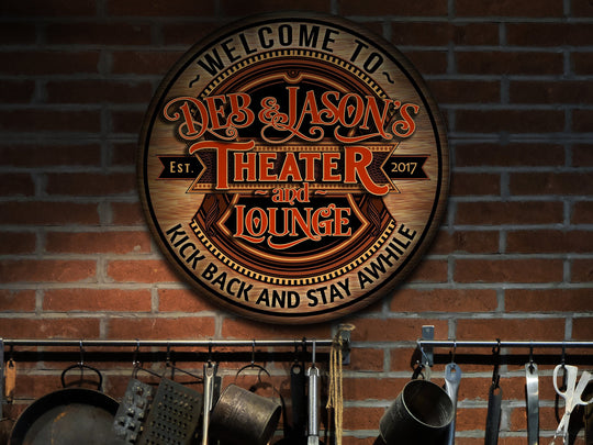 Personalized Theater Lounge Sign | Round Bar Signs | Theater Décor | Personalized Theater | Home Bar Accessories | Custom Bar Sign Gift