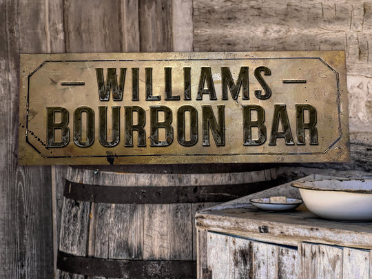 Bourbon Bar Sign Personalized Family Name | Bourbon Bar Custom Wall Decor Distressed Antique Bronze | Customized & Personalized Wall Art