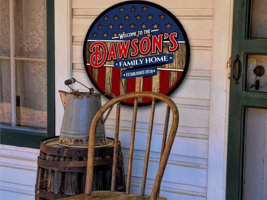 Patriotic Welcome Round Door Sign | July 4th door decor | Stars and Stripes Sign | Independence Day porch sign | July 4th Family Name Sign