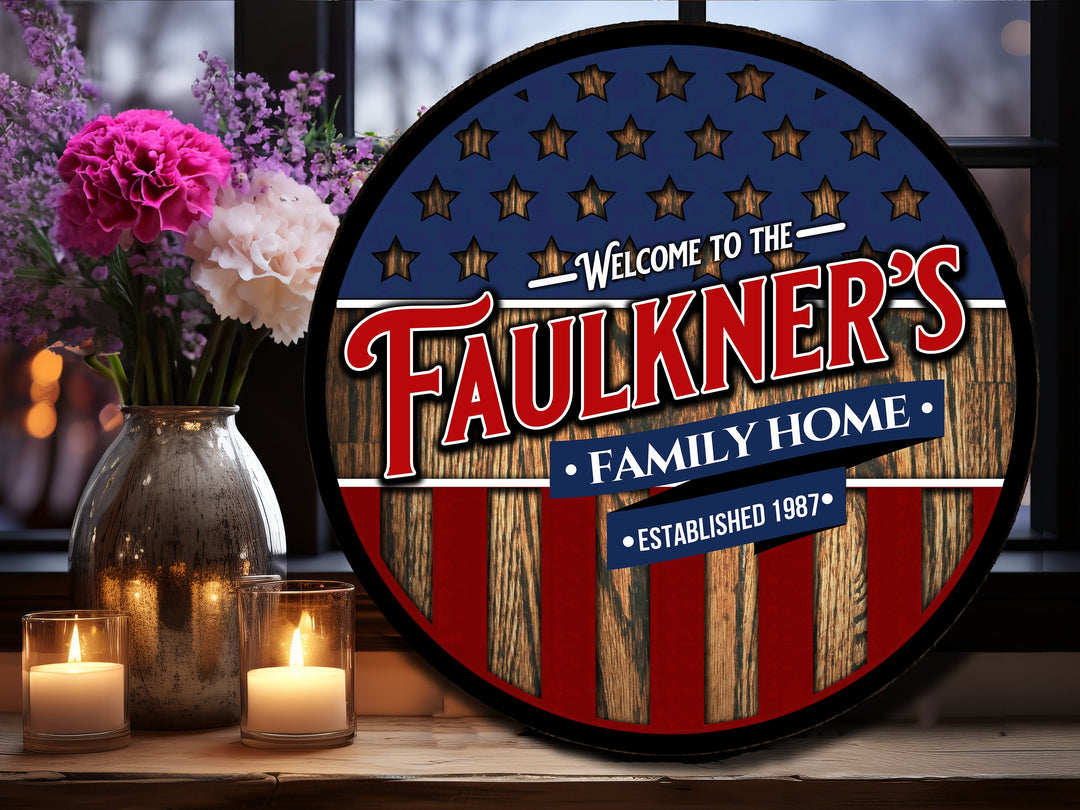 Patriotic Welcome Round Door Sign | July 4th door decor | Stars and Stripes Sign | Independence Day porch sign | July 4th Family Name Sign