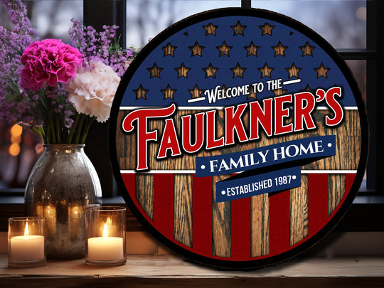 Patriotic Welcome Round Door Sign | July 4th door decor | Stars and Stripes Sign | Independence Day porch sign | July 4th Family Name Sign