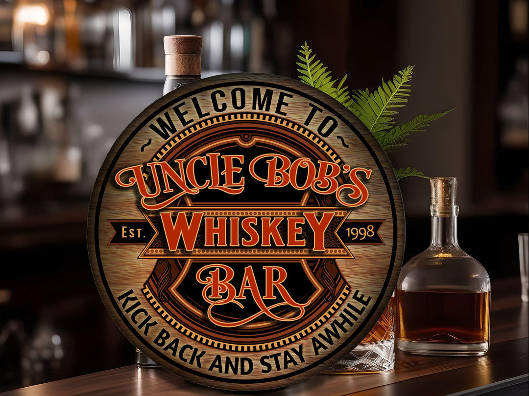 Personalized Whiskey Bar Sign | Round Metal | Man Cave Wall Décor | Personalized Speakeasy | Home Bar Accessories | Custom Bar Sign Gift