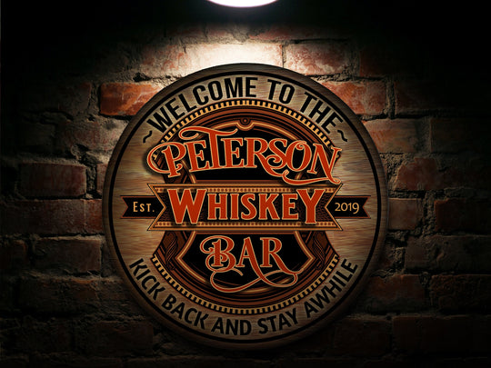 Personalized Whiskey Bar Sign | Round Metal | Man Cave Wall Décor | Personalized Speakeasy | Home Bar Accessories | Custom Bar Sign Gift