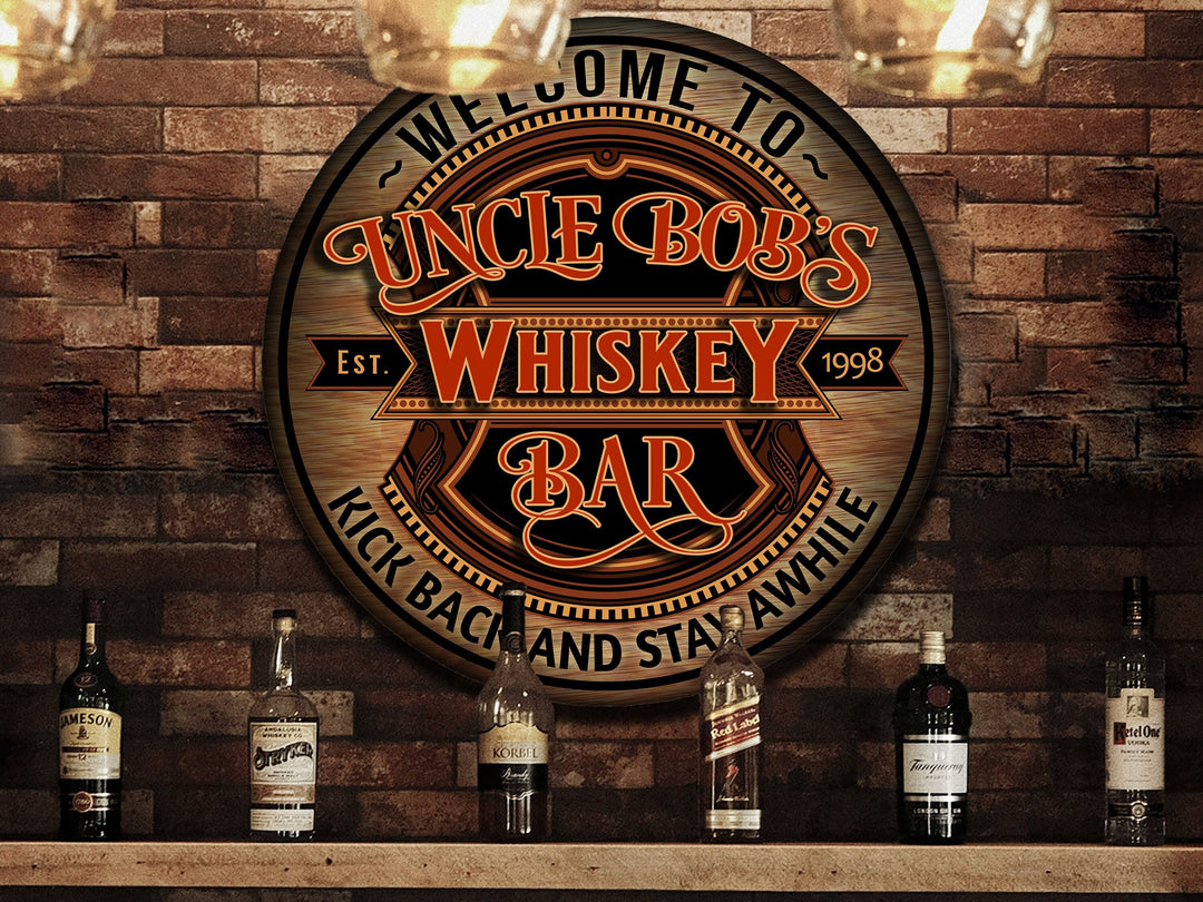 Personalized Whiskey Bar Sign | Round Metal | Man Cave Wall Décor | Personalized Speakeasy | Home Bar Accessories | Custom Bar Sign Gift