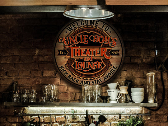 Personalized Theater Lounge Sign | Round Bar Signs | Theater Décor | Personalized Theater | Home Bar Accessories | Custom Bar Sign Gift