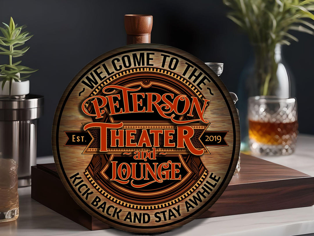 Personalized Theater Lounge Sign | Round Bar Signs | Theater Décor | Personalized Theater | Home Bar Accessories | Custom Bar Sign Gift