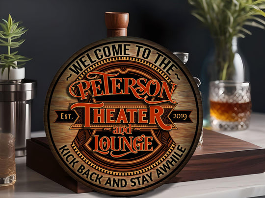 Personalized Theater Lounge Sign | Round Bar Signs | Theater Décor | Personalized Theater | Home Bar Accessories | Custom Bar Sign Gift