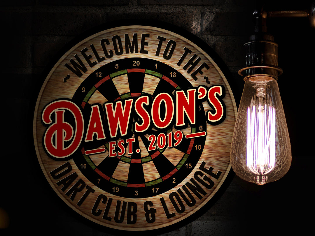 Personalized Dart Club & Lounge Sign | Round Bar Signs | Man Cave Wall Décor | Dart Bar Sign | Home Bar Accessories | Custom Bar Sign Gift