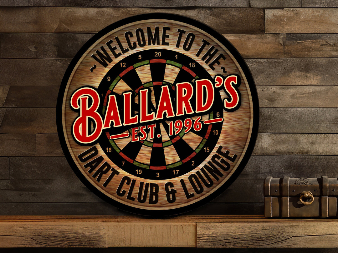 Personalized Dart Club & Lounge Sign | Round Bar Signs | Man Cave Wall Décor | Dart Bar Sign | Home Bar Accessories | Custom Bar Sign Gift