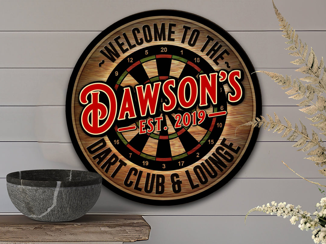 Personalized Dart Club & Lounge Sign | Round Bar Signs | Man Cave Wall Décor | Dart Bar Sign | Home Bar Accessories | Custom Bar Sign Gift