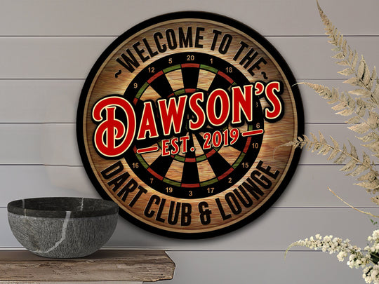 Personalized Dart Club & Lounge Sign | Round Bar Signs | Man Cave Wall Décor | Dart Bar Sign | Home Bar Accessories | Custom Bar Sign Gift
