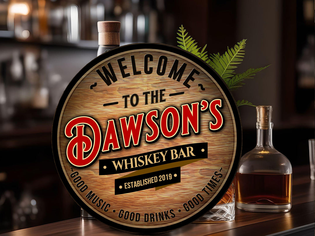 Personalized Whiskey Bar Sign | Round Metal Signs | Man Cave Wall Décor | Metal Whiskey Bar Sign | Home Bar Accessories | Custom Bar Sign
