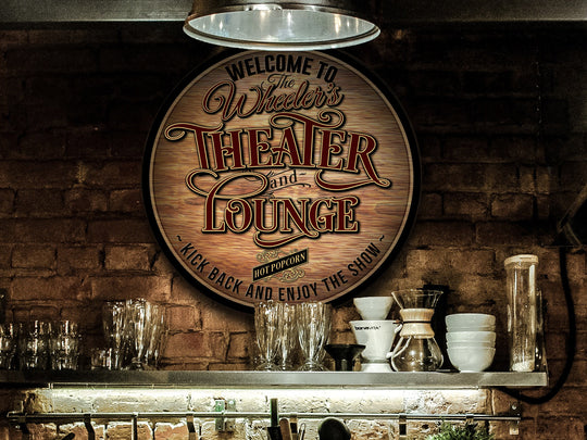 Family Theater Lounge Round Sign | Round Home Theater Sign | Metal Family Name Sign | Family Game Room Sign | Customized Family Sign Gift