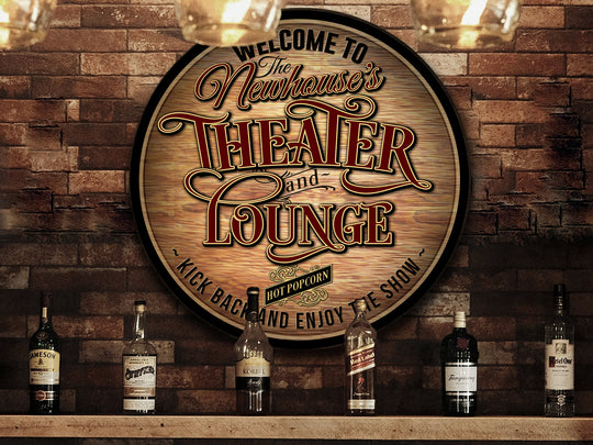 Family Theater Lounge Round Sign | Round Home Theater Sign | Metal Family Name Sign | Family Game Room Sign | Customized Family Sign Gift