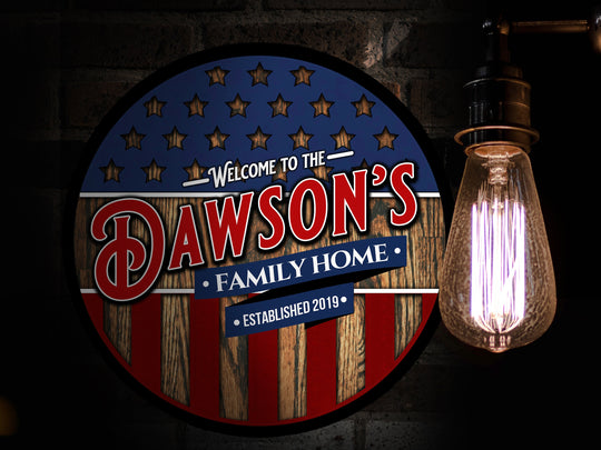 Patriotic Welcome Round Door Sign | July 4th door decor | Stars and Stripes Sign | Independence Day porch sign | July 4th Family Name Sign