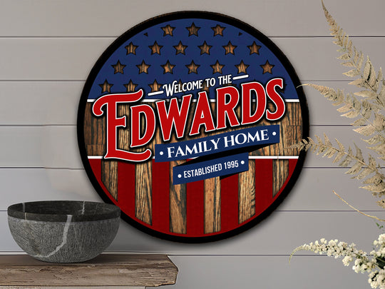 Patriotic Welcome Round Door Sign | July 4th door decor | Stars and Stripes Sign | Independence Day porch sign | July 4th Family Name Sign