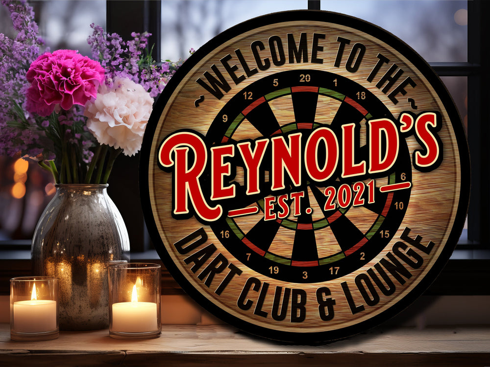 Personalized Dart Club & Lounge Sign | Round Bar Signs | Man Cave Wall Décor | Dart Bar Sign | Home Bar Accessories | Custom Bar Sign Gift