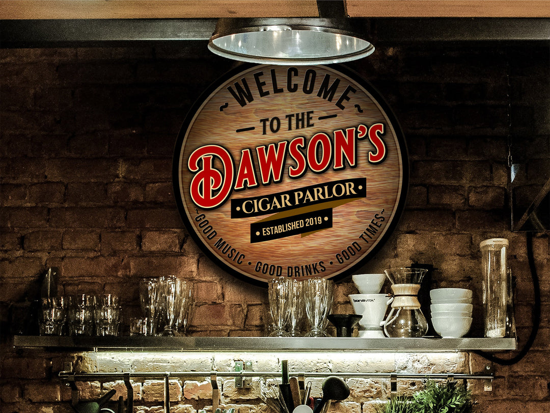 Personalized Cigar Parlor Sign | RoundSigns | Man Cave Wall Décor | Personalized Cigar Bar | Home Bar Accessories | Custom Cigar Sign Gift