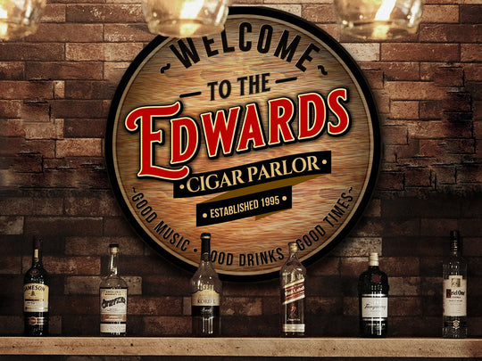 Personalized Cigar Parlor Sign | RoundSigns | Man Cave Wall Décor | Personalized Cigar Bar | Home Bar Accessories | Custom Cigar Sign Gift