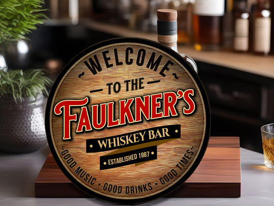 Personalized Whiskey Bar Sign | Round Metal Signs | Man Cave Wall Décor | Metal Whiskey Bar Sign | Home Bar Accessories | Custom Bar Sign