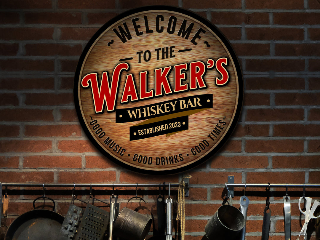 Personalized Whiskey Bar Sign | Round Metal Signs | Man Cave Wall Décor | Metal Whiskey Bar Sign | Home Bar Accessories | Custom Bar Sign