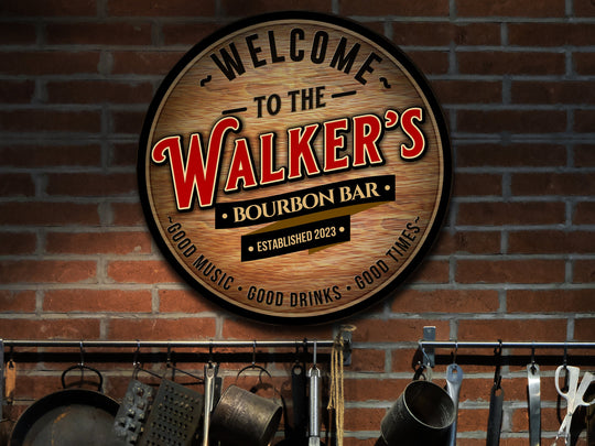 Personalized Bourbon Bar Sign | Round Metal Signs | Man Cave Wall Décor | Metal Bourbon Bar Sign | Home Bar Accessories | Custom Bar Sign