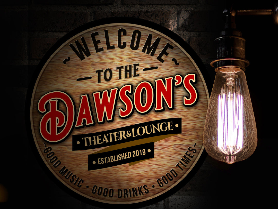 Personalized Theater & Lounge Sign | Round Metal Sign | Man Cave Wall Décor | Personalized Theater | Home Bar Accessories | Custom Bar Sign